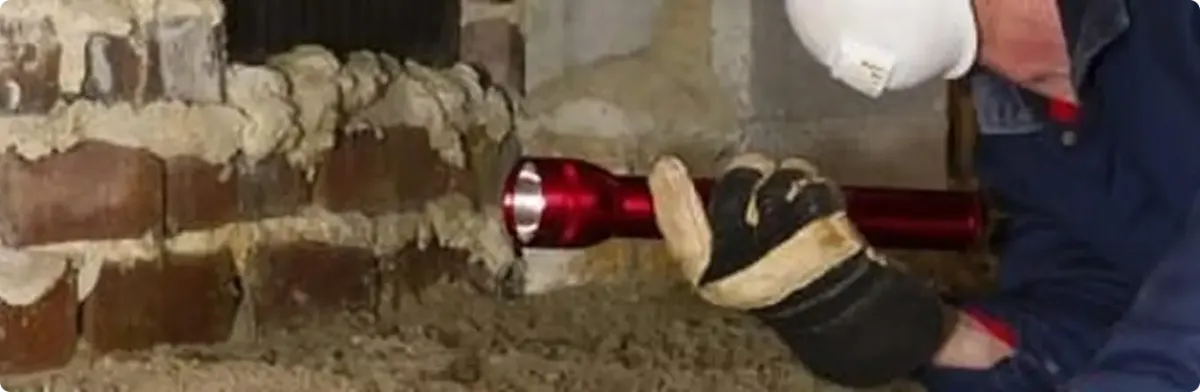 Pest control technician inspecting a crawl space for ant activity in Milpitas, CA